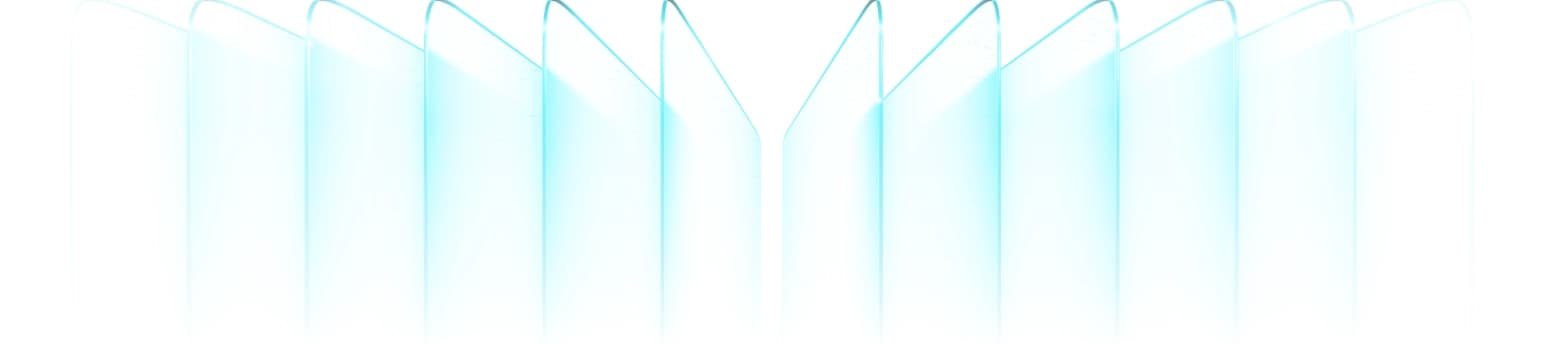 Abstract light blue glass-like panels arranged in a symmetrical arc, creating a futuristic and translucent visual effect on a white background.